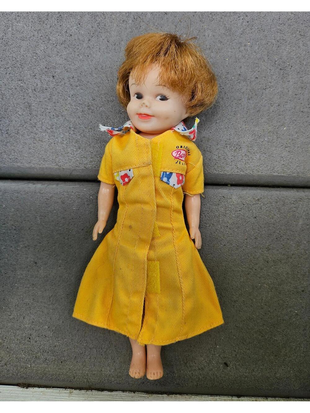 Vintage Barbie Fashion Original Jeans Yellow Dress Floral Collar Pockets w/doll